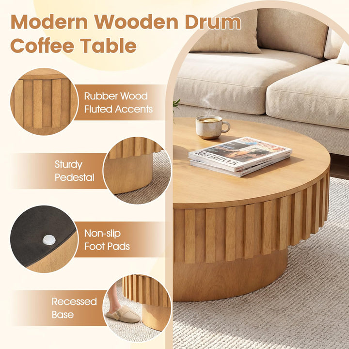 Giantex Round Coffee Table with Storage | Modern Drum Fluted Center Table with Solid Wood Veneered