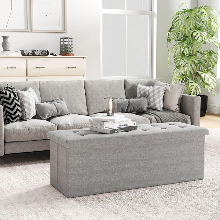 Giantex 43 Inches Folding Storage Ottoman Bench Upholstered Storage Chest with Side Pocket