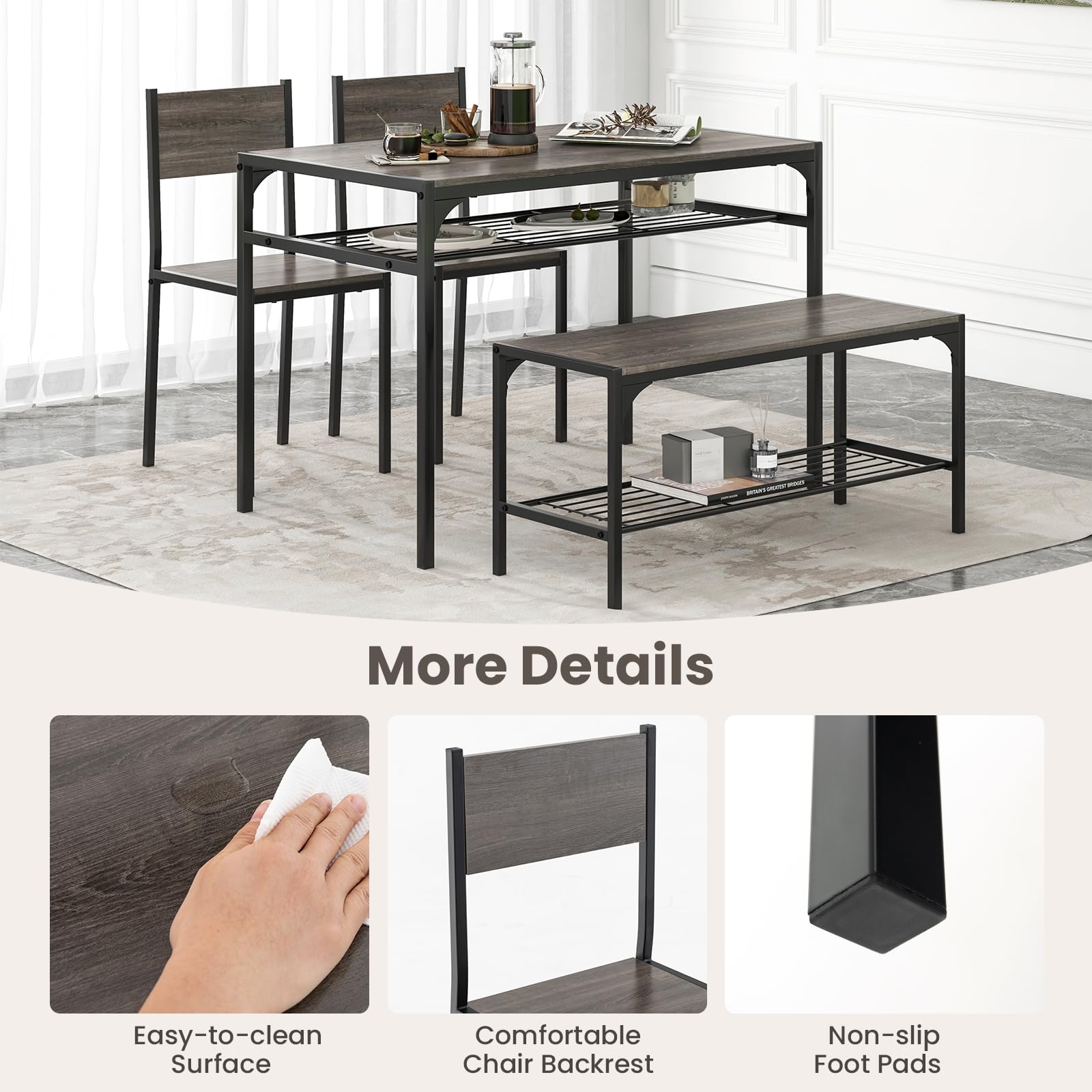 Giantex Dining Table Set for 4, Kitchen Table with Chairs & Bench, Storage Racks