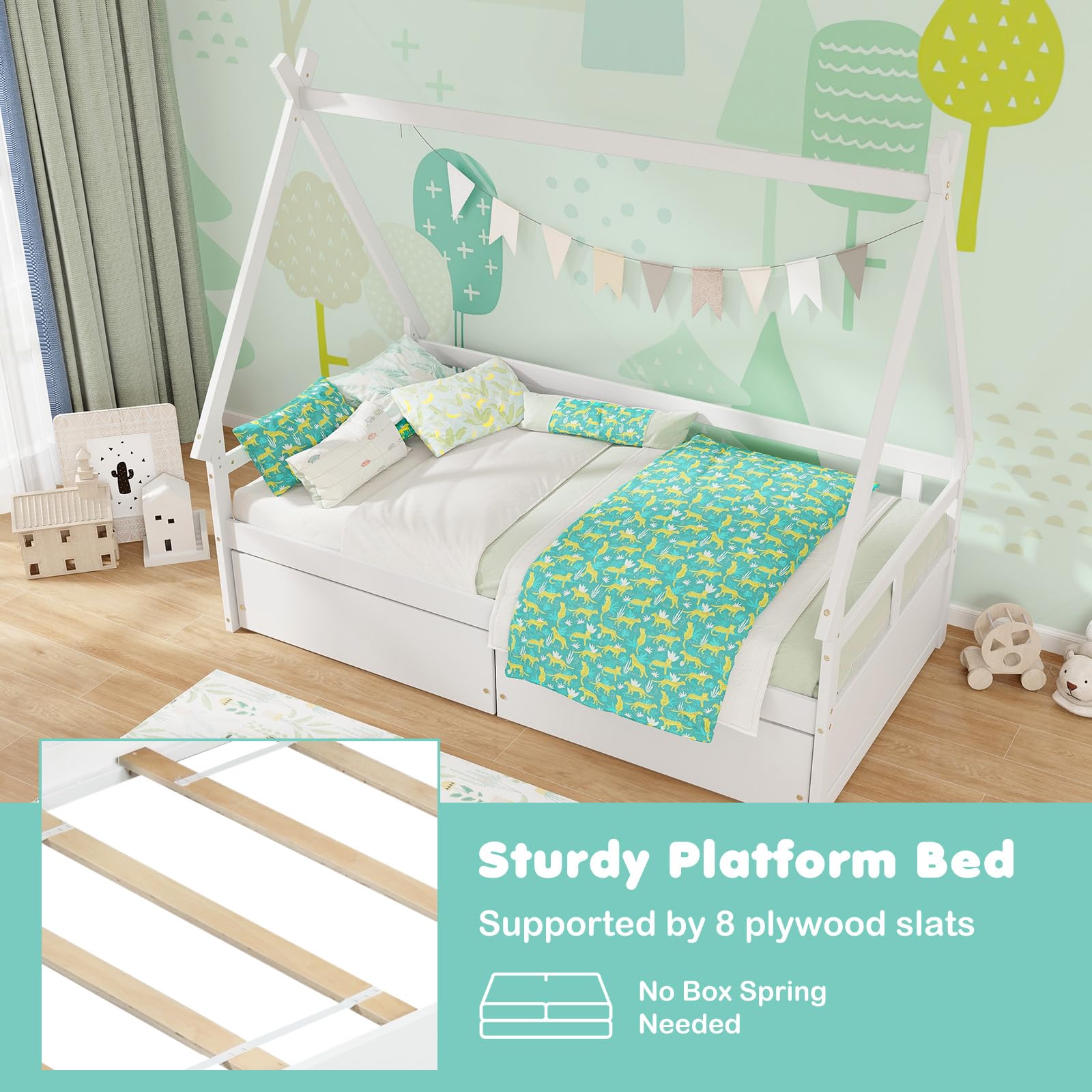 Giantex Twin Bed with 2 Storage Drawers, Wood Montessori House Tent Bed Frame with Safety Guardrail