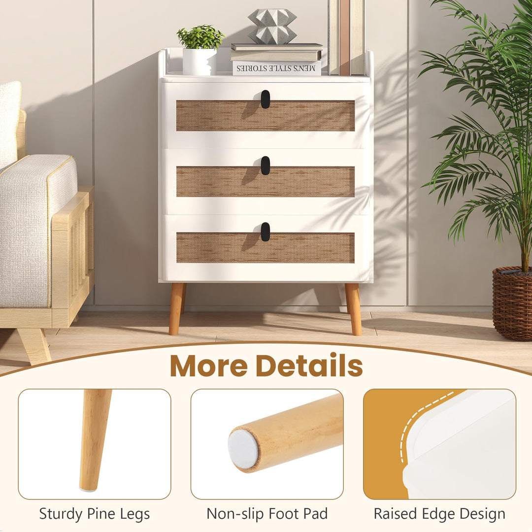Giantex Rattan Nightstand, Boho 3-Drawer Dresser with 4 Solid Wood Legs