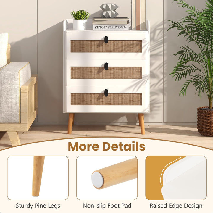 Giantex Rattan Nightstand, Boho 3-Drawer Dresser with 4 Solid Wood Legs