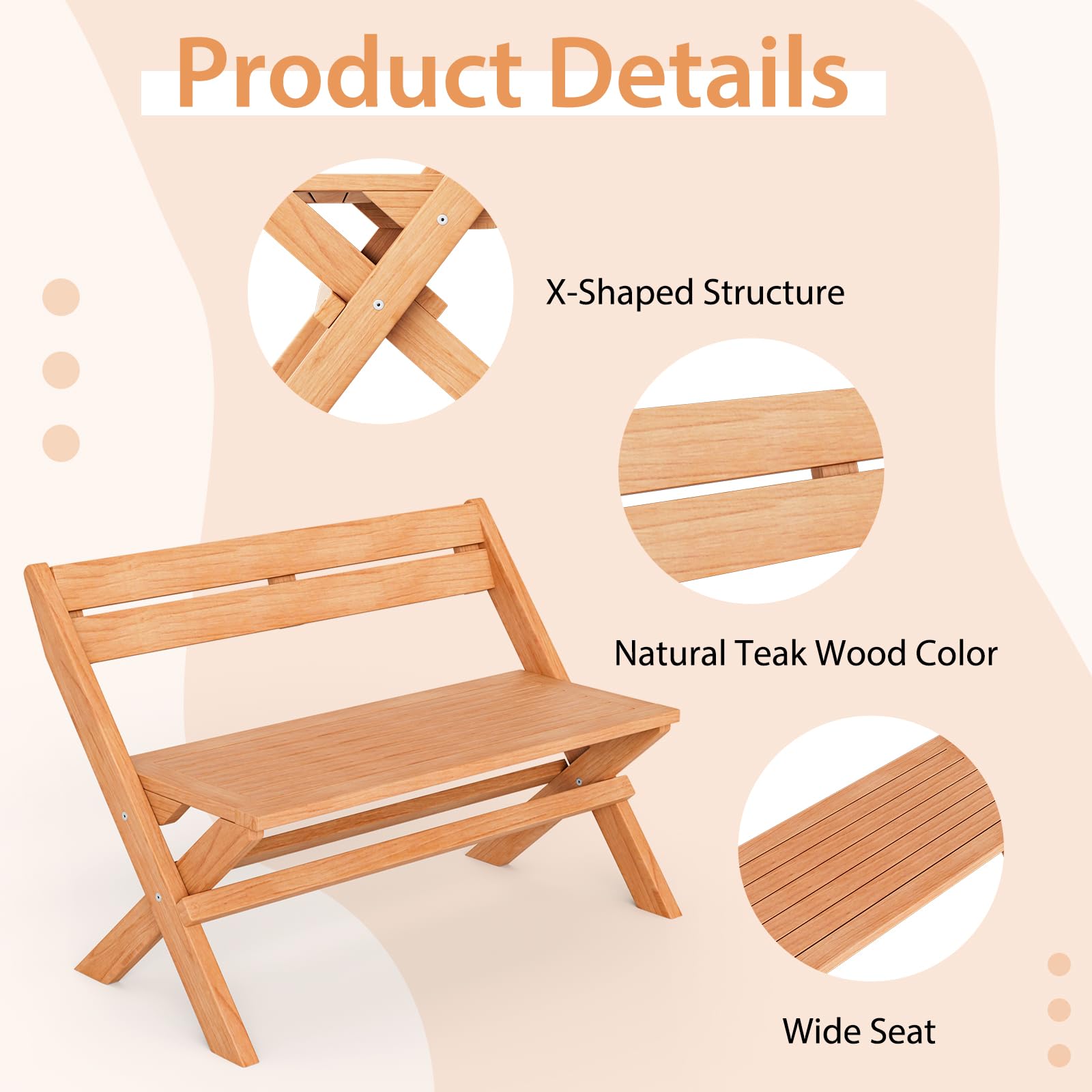 Giantex Wood Outdoor Bench Folding - 2-Person Patio Garden Bench with Solid Teak Wood Structure