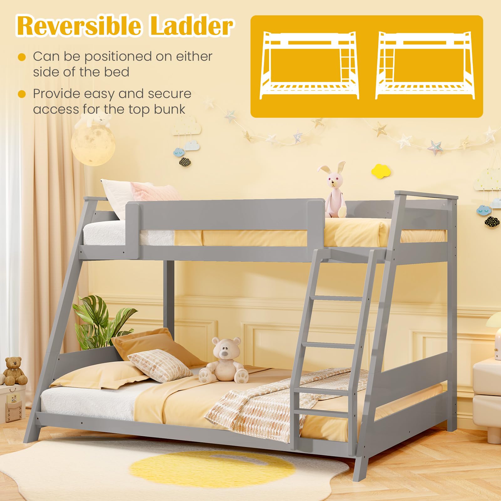 Giantex Wood Bunk Beds Twin Over Full Size, Solid Wood Floor Low Bunk Bed w/Removable Ladder