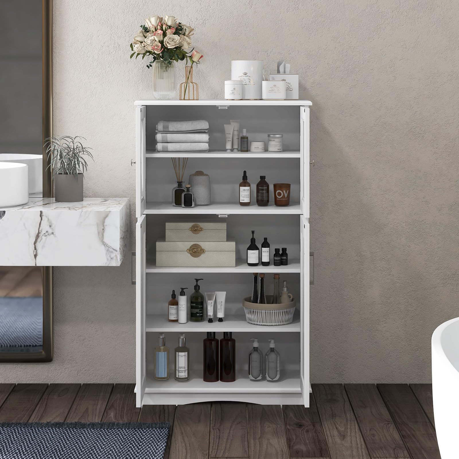 Giantex Bathroom Floor Storage Cabinet - Linen Floor Cabinet with Doors and Adjustable Shelves