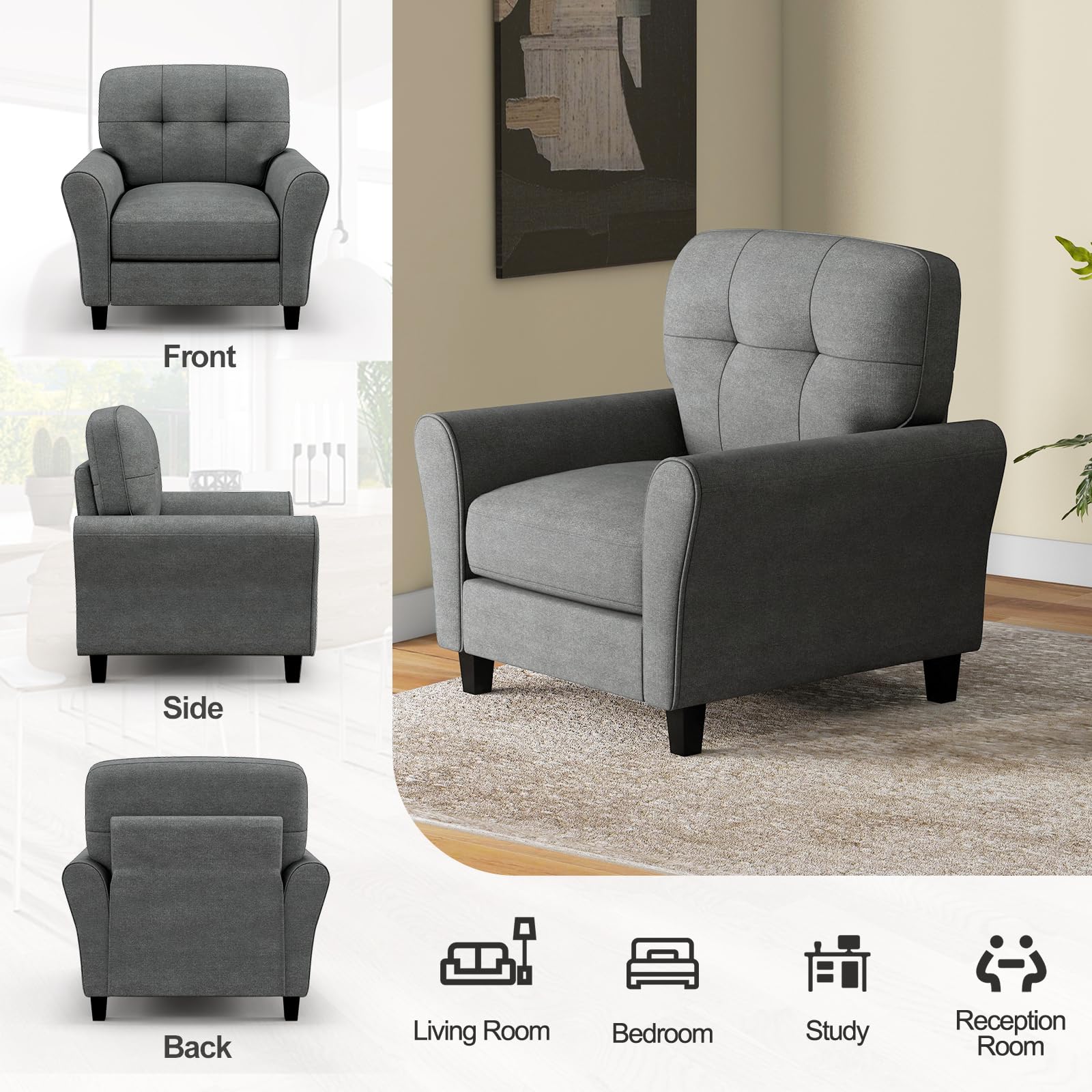 Giantex Modern Mid-Century Accent Chair Set of 2 - Linen Living Room Chair with Tufted Back, Grey