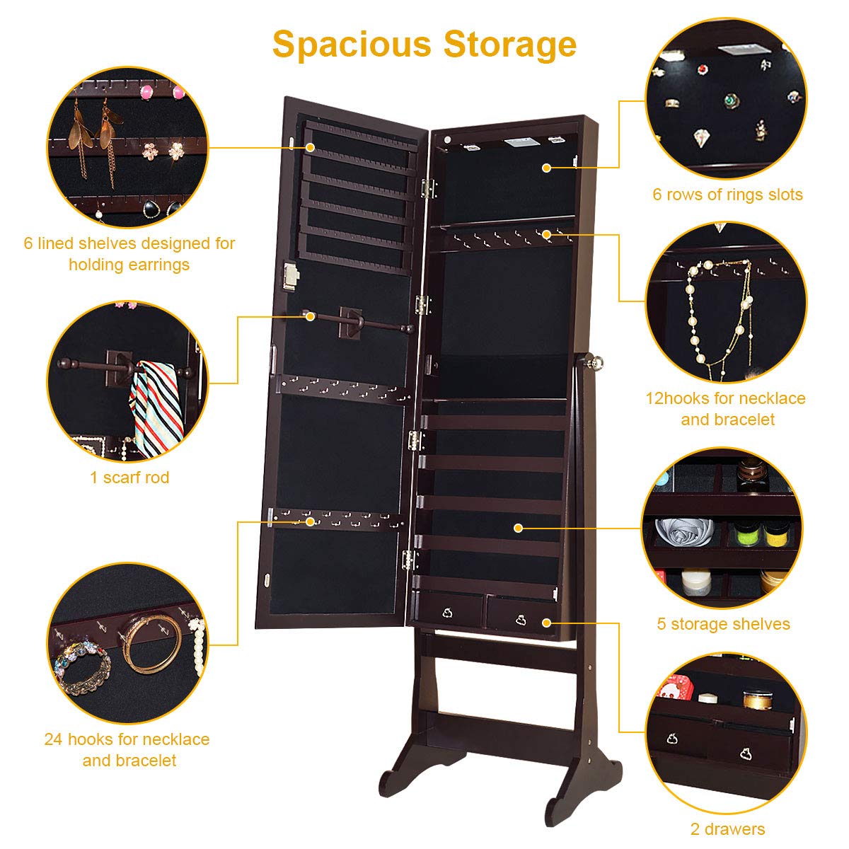 Giantex 57.5"H 2 LEDs Standing Jewelry Cabinet with Full Length Mirror with 2 Drawers, 4 Adjustable Angles, Jewelry Storage Organizer