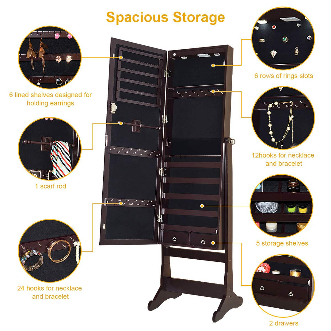 Giantex 57.5"H 2 LEDs Standing Jewelry Cabinet with Full Length Mirror with 2 Drawers, 4 Adjustable Angles, Jewelry Storage Organizer