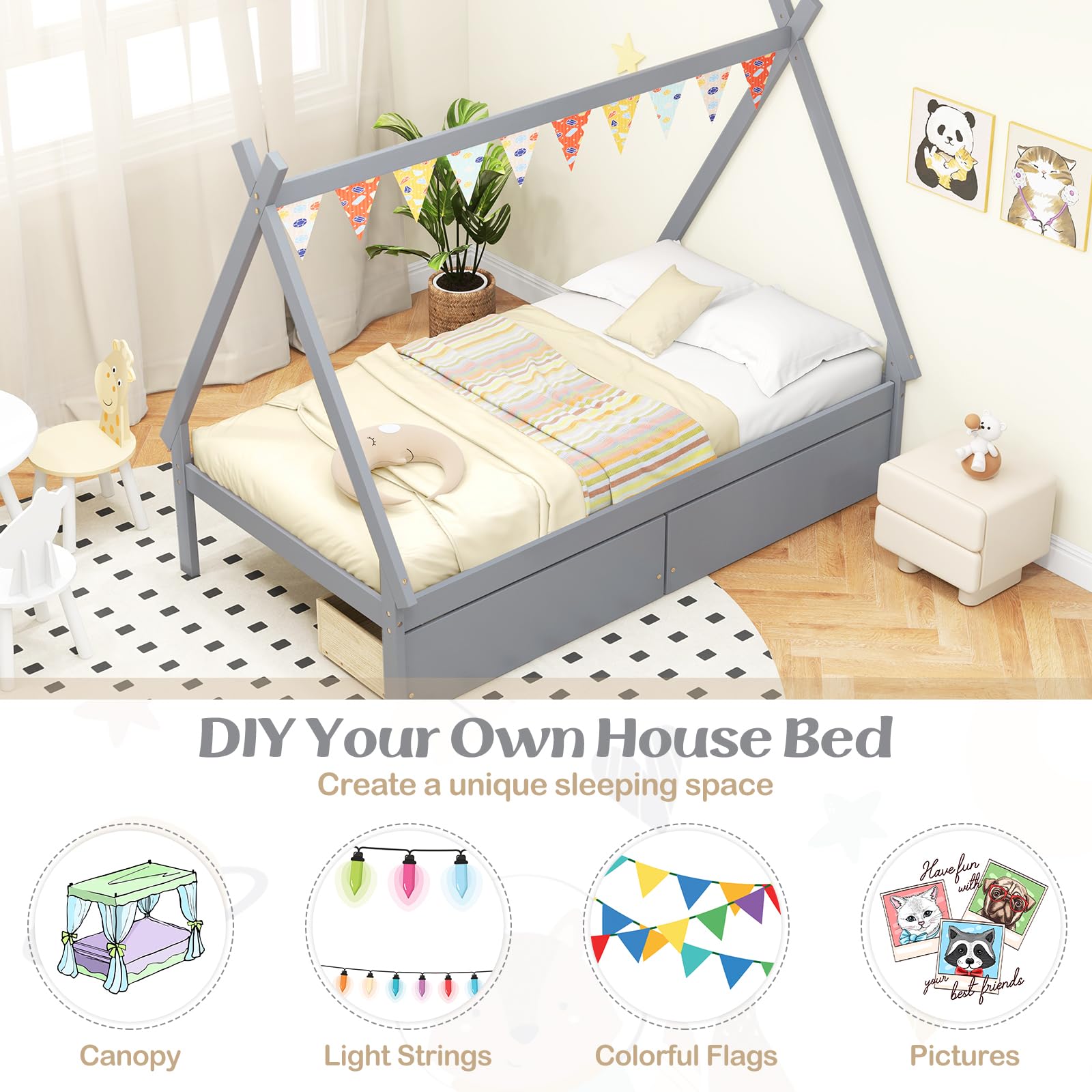 Giantex Twin Bed Frame with 2 Storage Drawers, Wood House Tent Platform Bed Frame with Triangle Structure