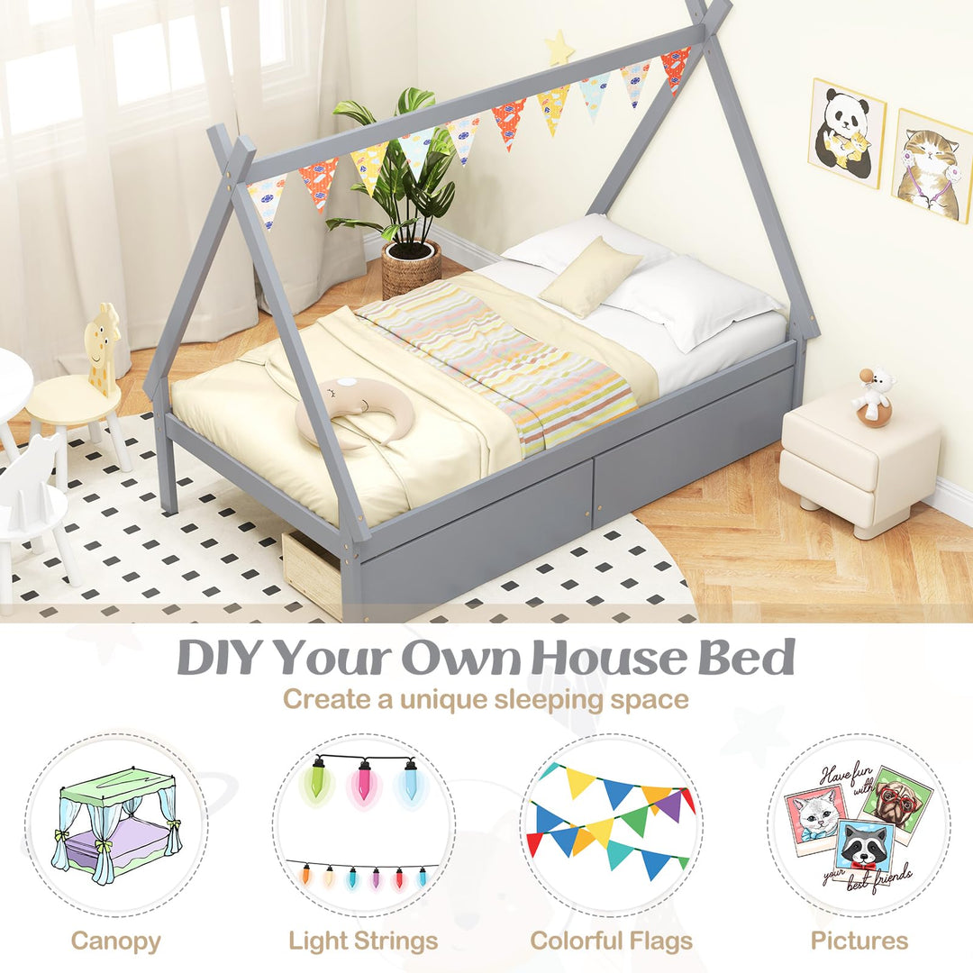Giantex Twin Bed Frame with 2 Storage Drawers, Wood House Tent Platform Bed Frame with Triangle Structure