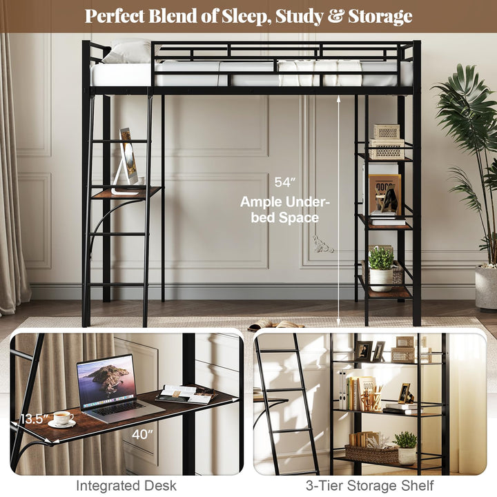 Giantex Twin Size Loft Bed with Desk & Shelves for Kids