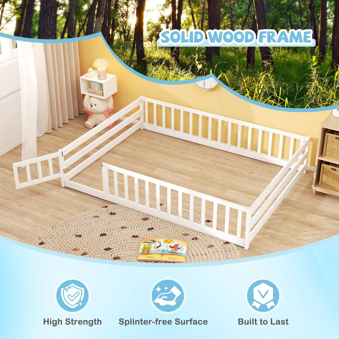 Giantex Floor Bed with Door & Fence Kids Wood Montessori Beds with Safety Guardrails
