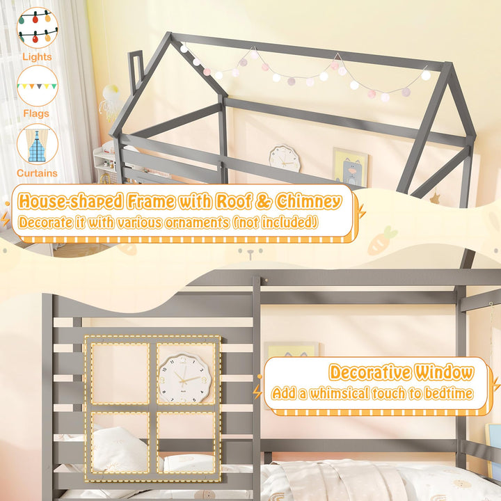Giantex Twin House Bed with Trundle Bed Twin, Wooden Twin Bed Frames with Roof, Chimney & Window