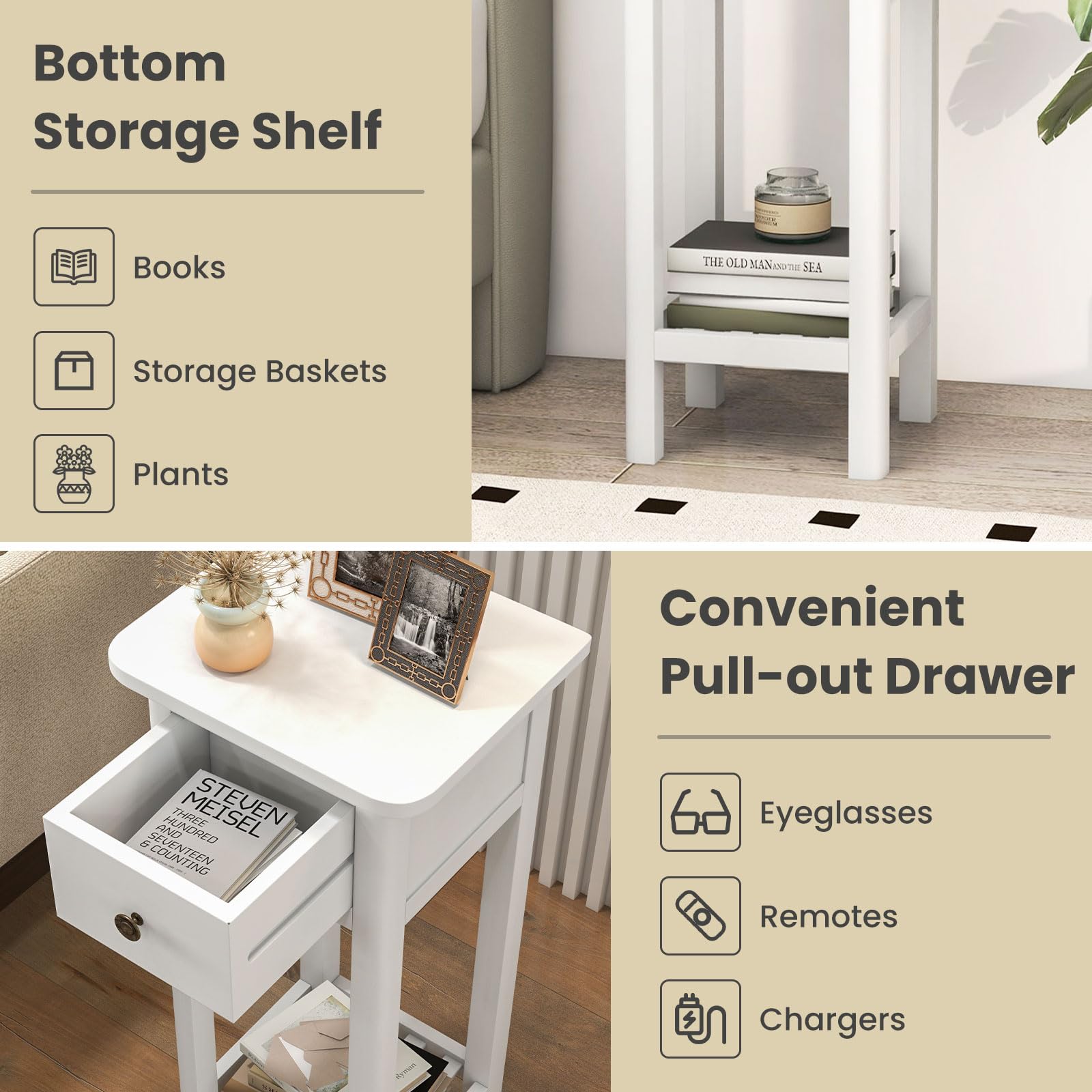Giantex Narrow End Table with Drawer, Tall Acacia Wood Side Table with Bottom Shelf, Modern Bedside Tables