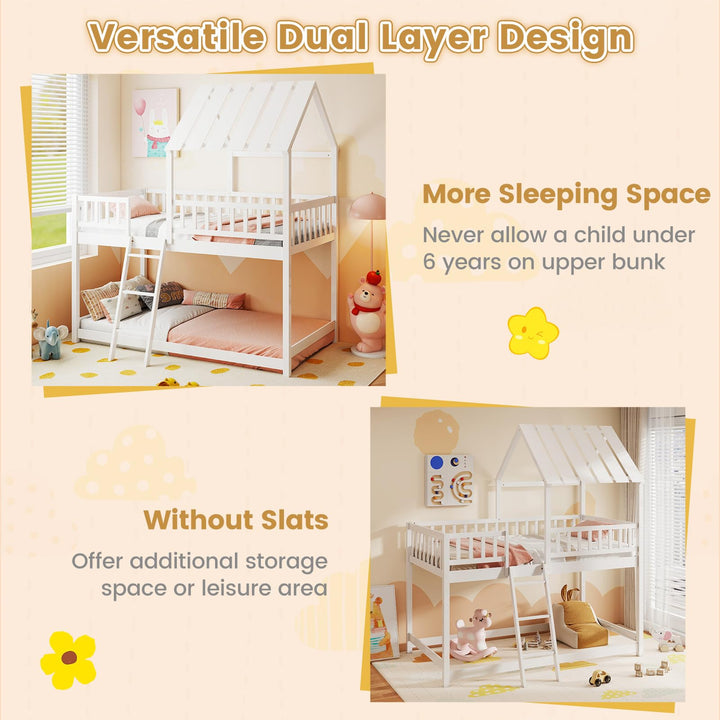 Twin Over Twin House Bunk Bed, Low Loft Bed Frame with Roof