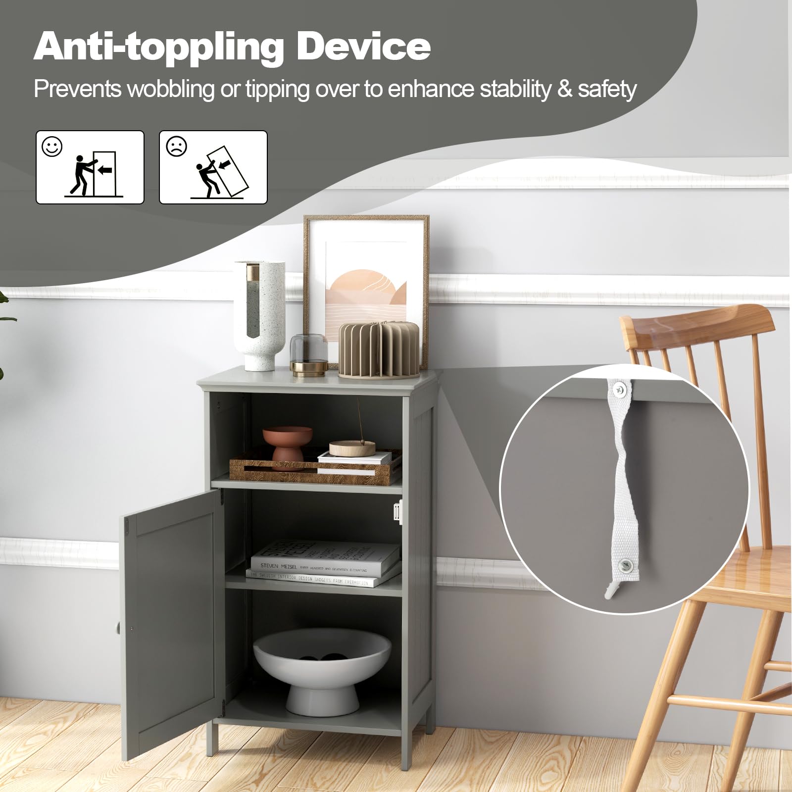 Giantex Bathroom Floor Storage Cabinet - Side Cabinet with Open Compartment, 3-Position Adjustable Shelf