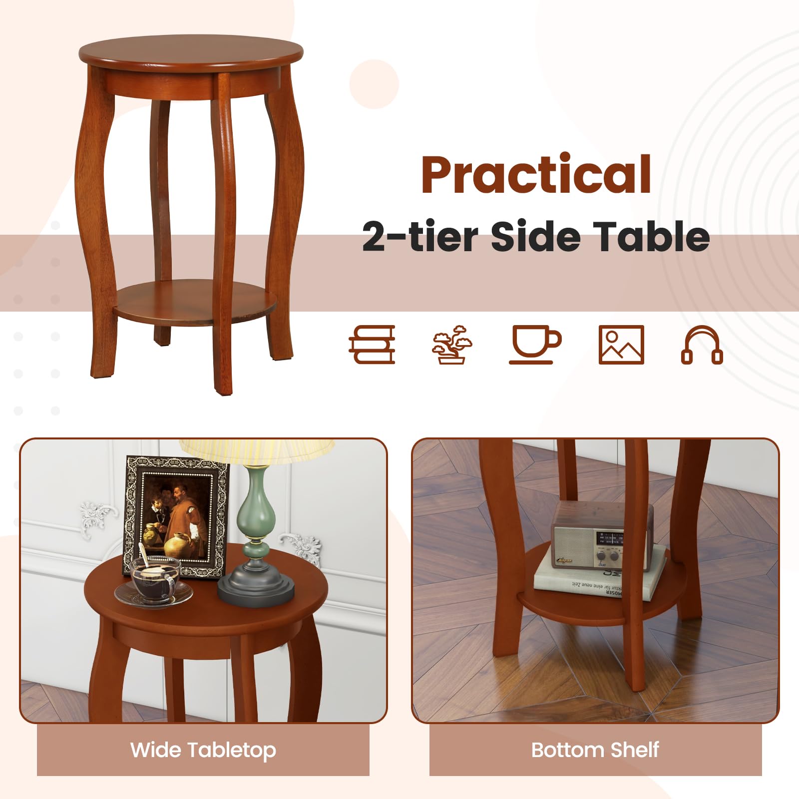 Giantex 2-Tier Round End Table, Narrow Tiered Telephone Table with Storage Shelf, Solid Wood Legs