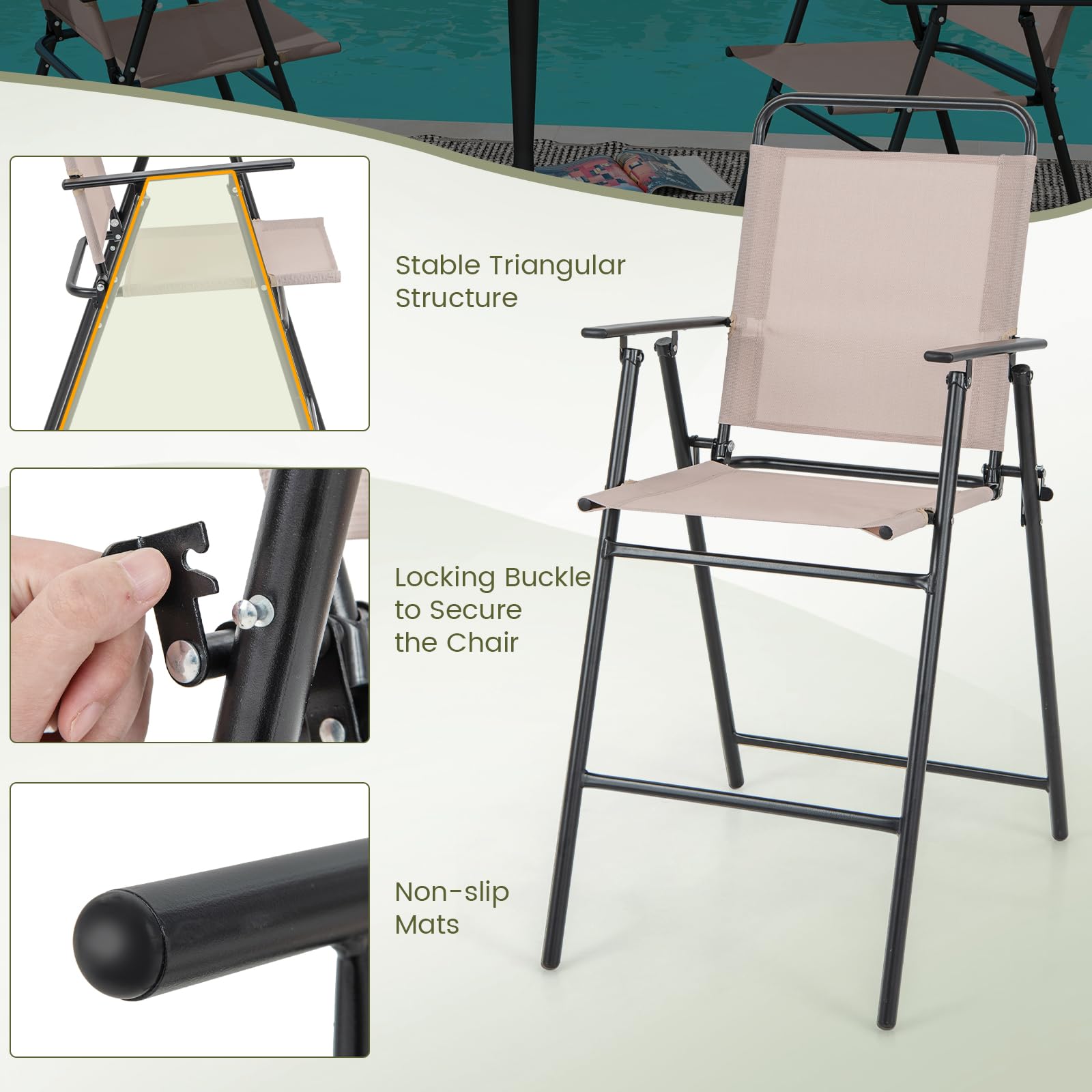 Giantex Outdoor Folding Bar Chair Set of 2, Bar-Height Patio Chairs with Backrest, Armrests, Footrest