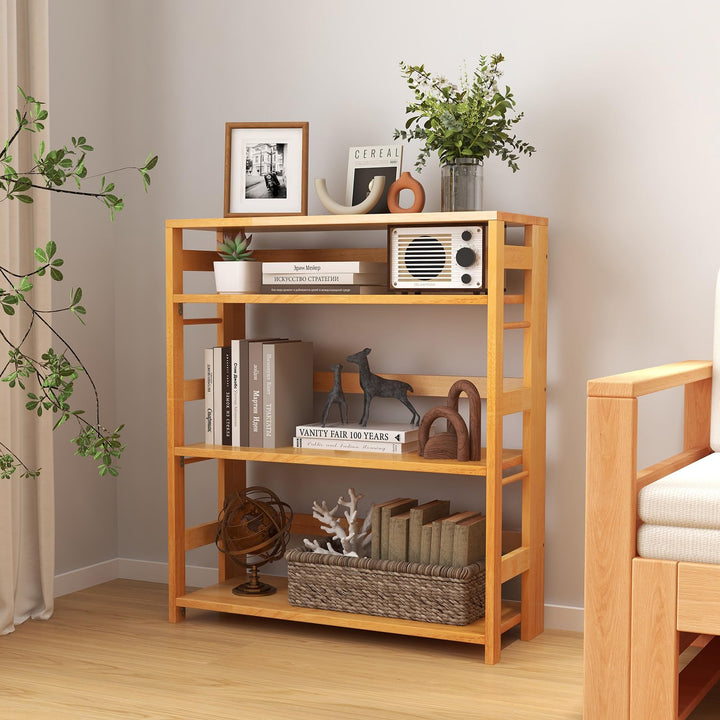 Giantex 4-Tier Bookshelf, 34.5" Floor Storage Shelf w/Rubber Wood Frame, Anti-Toppling Kits, Side Fences