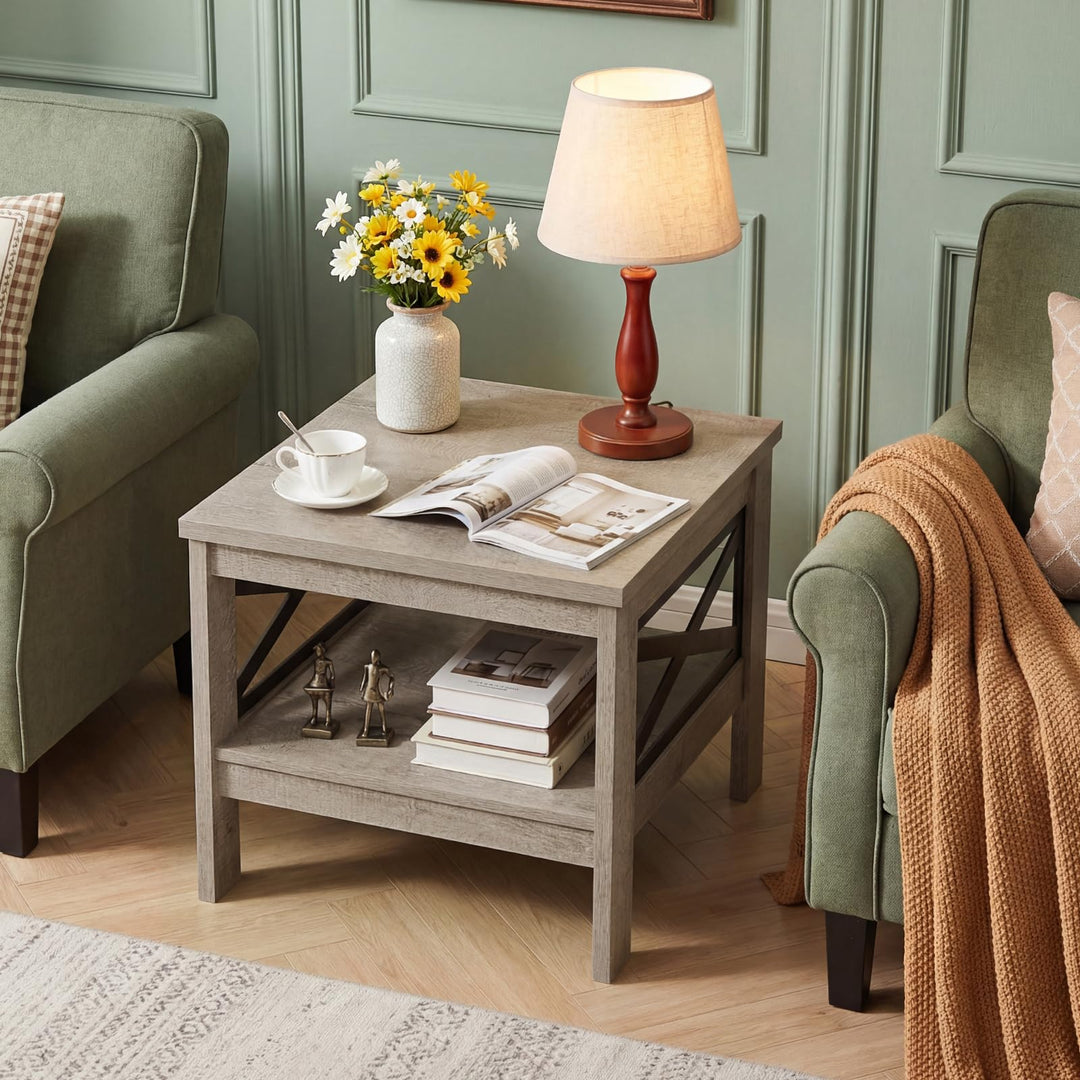 Giantex 2-Tier Square End Table with Storage Shelf &amp; X-Frame