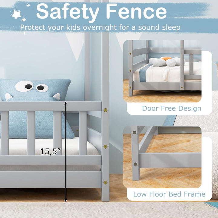 Giantex Twin Floor Bed with Fence, Wood Montessori Bed with Safety Guardrails and 80.5" High Roof Design