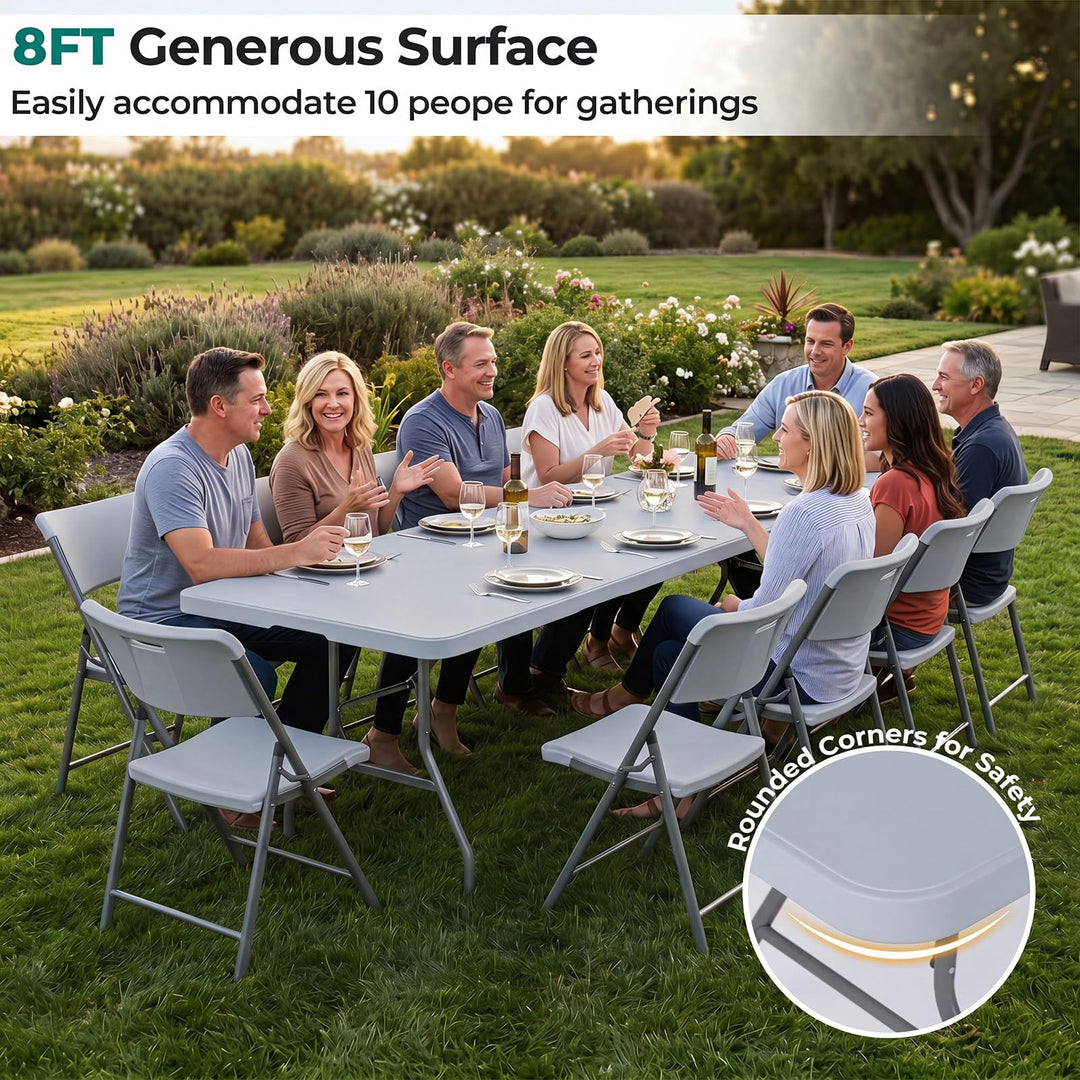 Giantex 8FT Folding Table | Heavy Duty Fold-in-Half Portable HDPE Plastic Table with Handle &amp; Locks