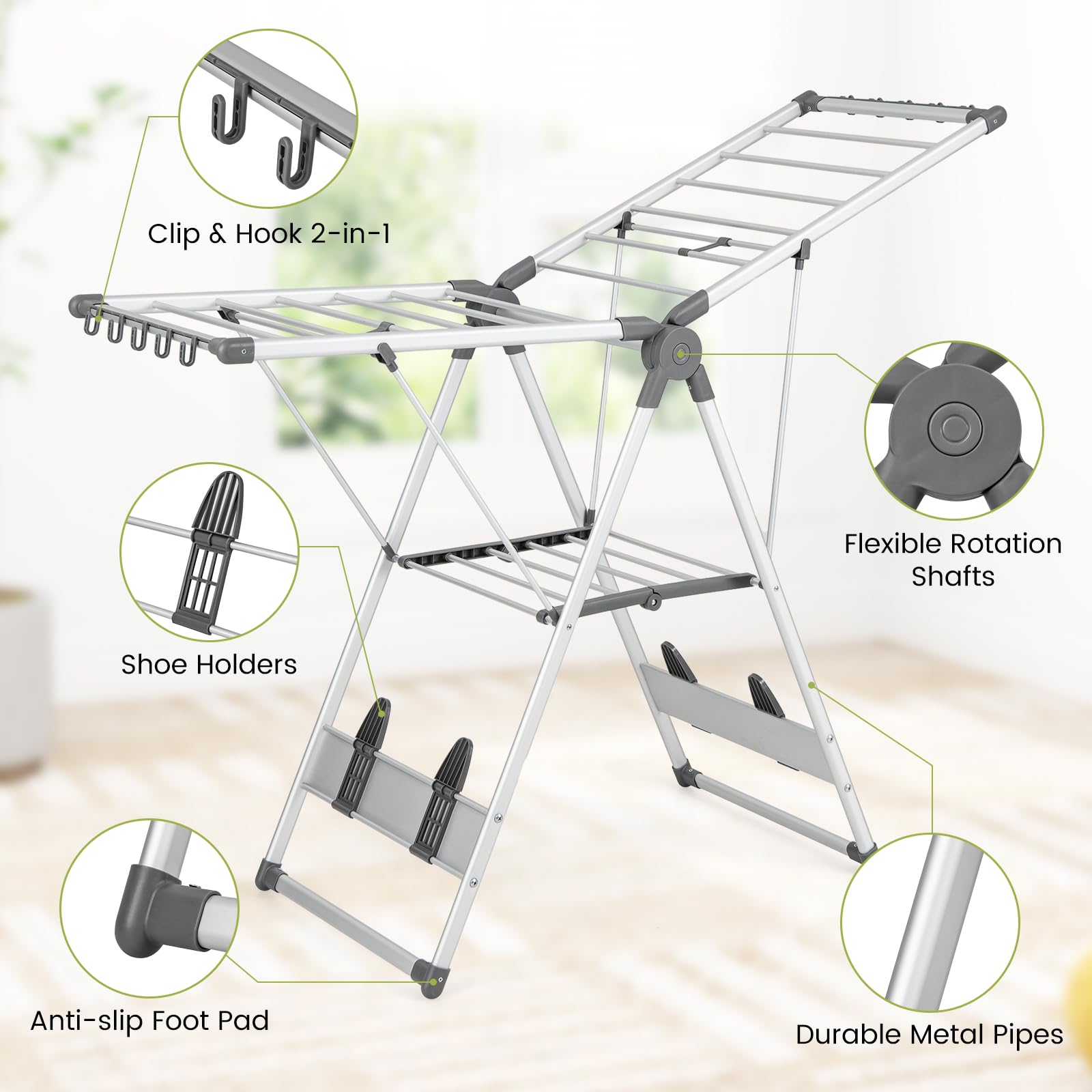 Giantex Clothes Drying Rack, 2-Layer Aluminum Foldable Laundry Drying Rack with 5-Level Adjustable Height