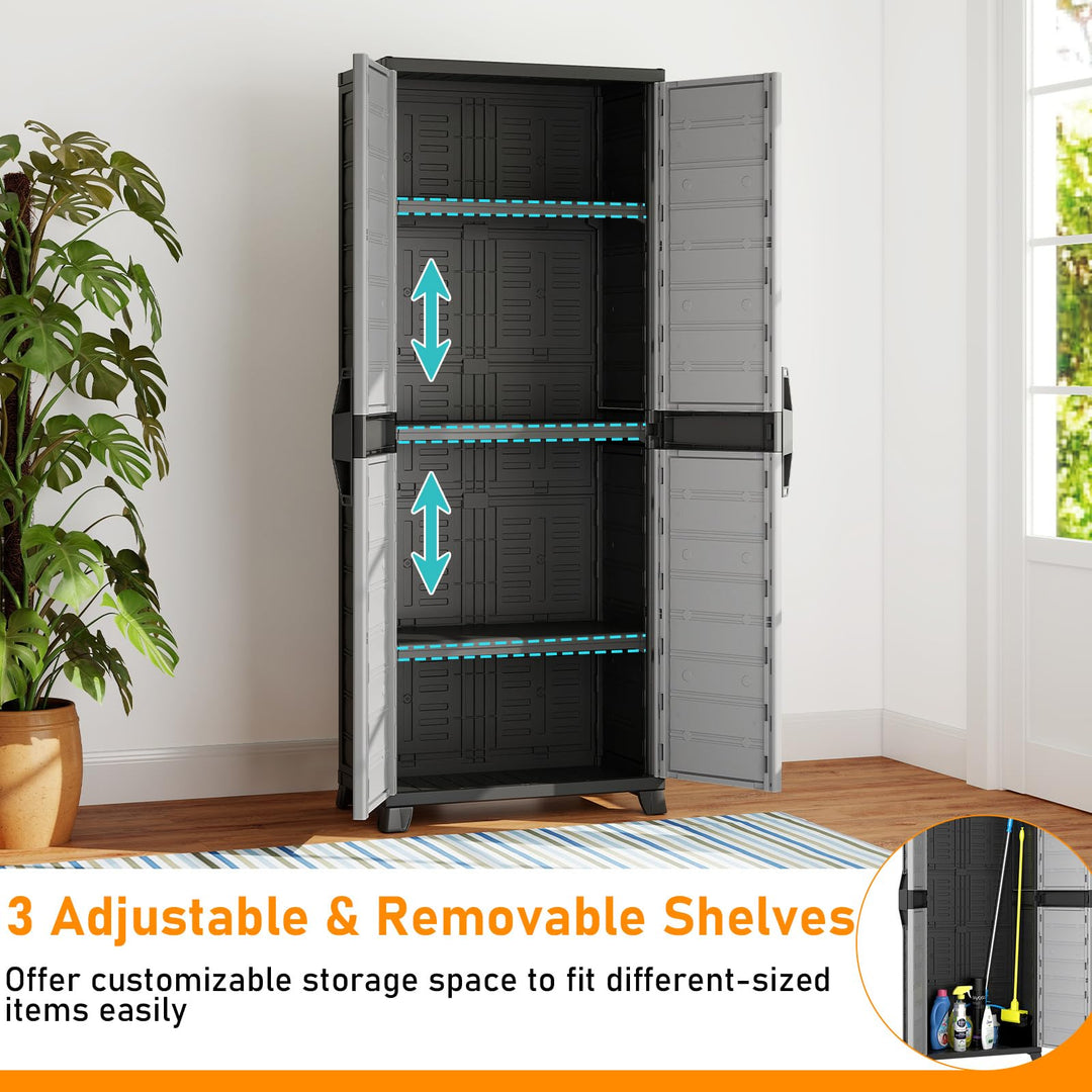 68" Lockable Storage Cabinet, PP Garage Storage Shed with Doors, 3 Adjustable Shelves