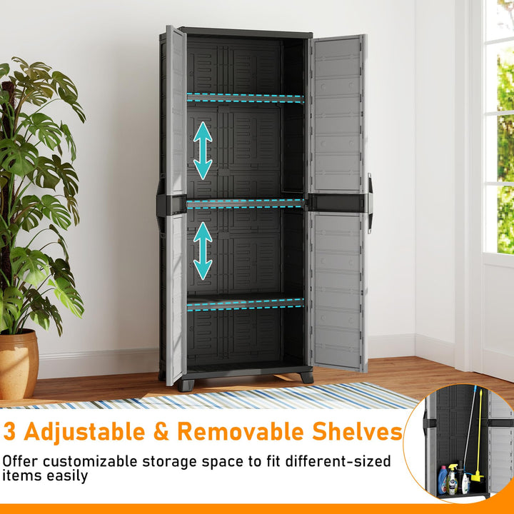 68" Lockable Storage Cabinet, PP Garage Storage Shed with Doors, 3 Adjustable Shelves