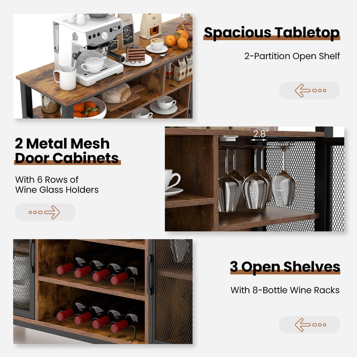 Giantex Coffee Bar Cabinet for Liquor and Glasses, 55” Buffet Sideboard with 8-Bottle Wine Racks, 6 Rows of Wine Glass Holders