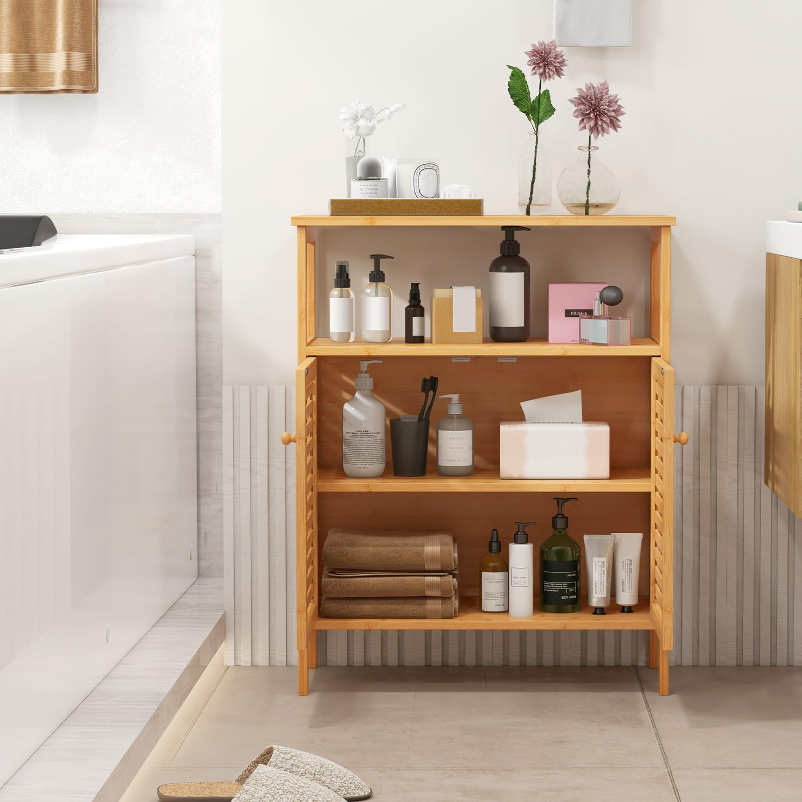 Giantex Storage Cabinet, Bamboo Bathroom Floor Cabinet with Double Louvered Doors