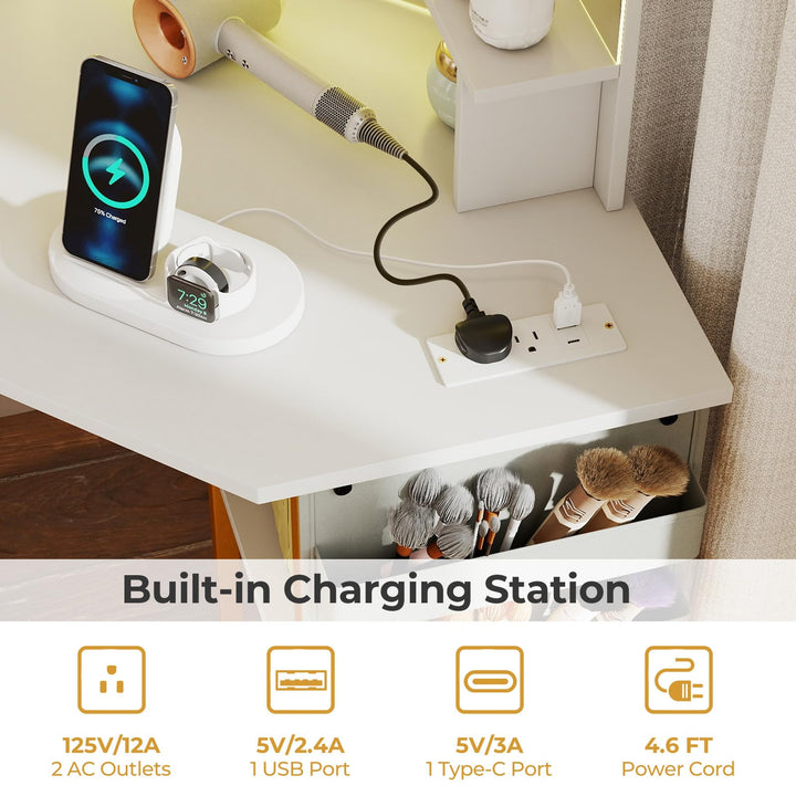 CHARMAID Corner Vanity Desk with Lighted Tri-Fold Mirror | Space Saving Dressing Table with Stool