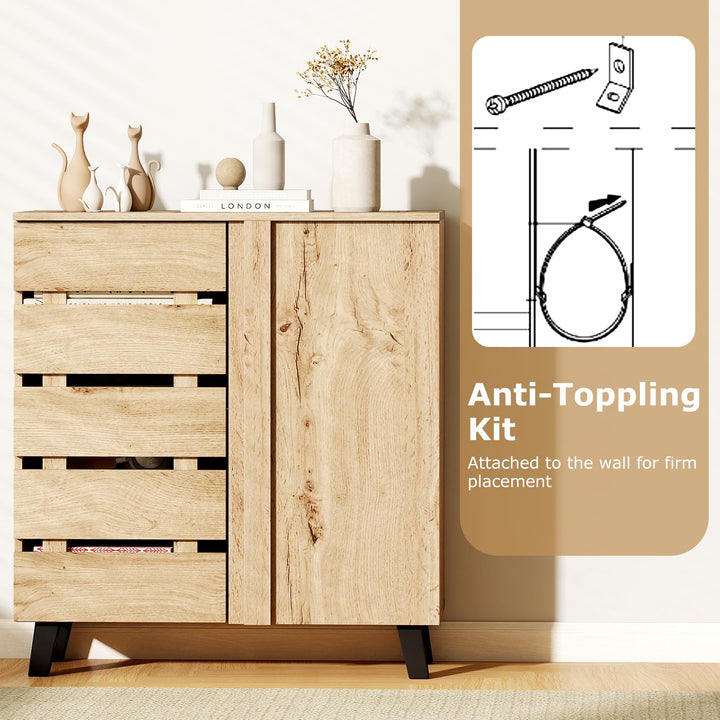 Giantex 4-Tier Farmhouse Shoe Rack Cabinet with 2 Slatted Doors & Removable Shelves