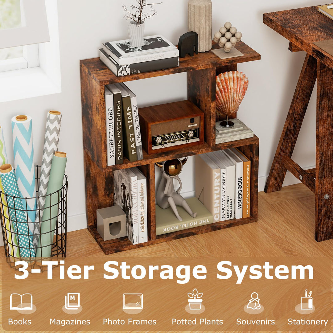 Giantex 3-Tier S-Shaped Bookshelf, Modern Geometric Bookcase, Freestanding Display Shelf for Small Space