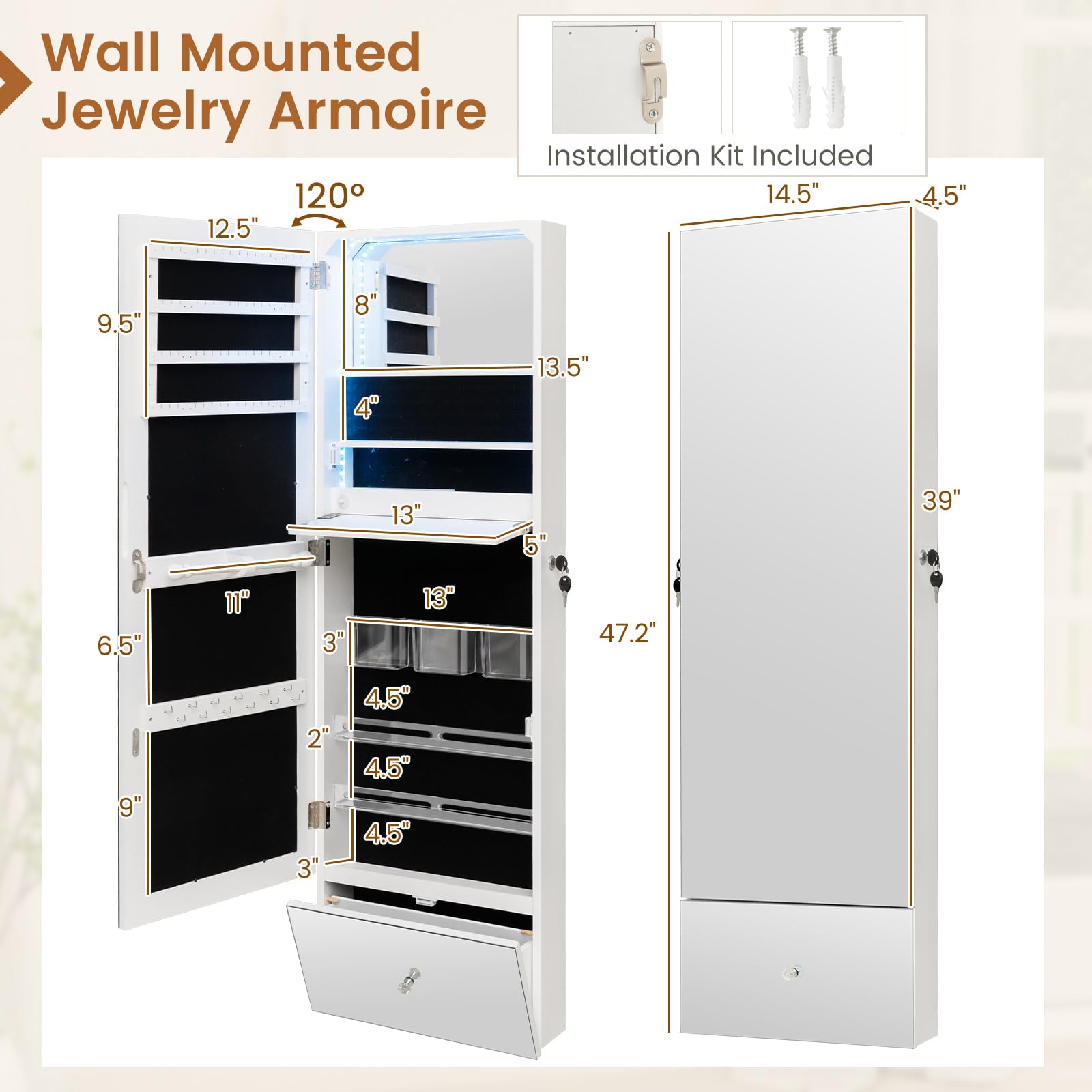 CHARMAID Jewelry Cabinet Wall Mounted, 47.2" Full Length Mirror, Lockable Jewelry Armoire with Tip out Storage Drawer