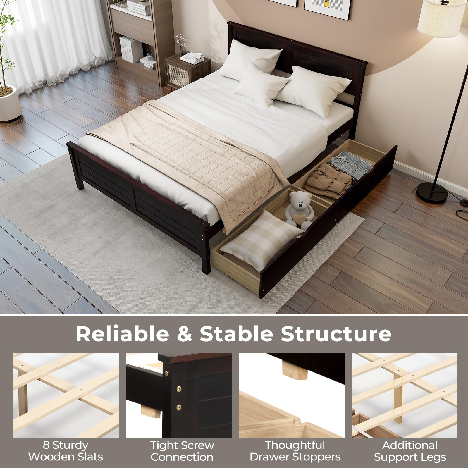 Giantex Wood Full Size Bed Frame with 2 Storage Drawers, Solid Wood Platform Bed with Headboard
