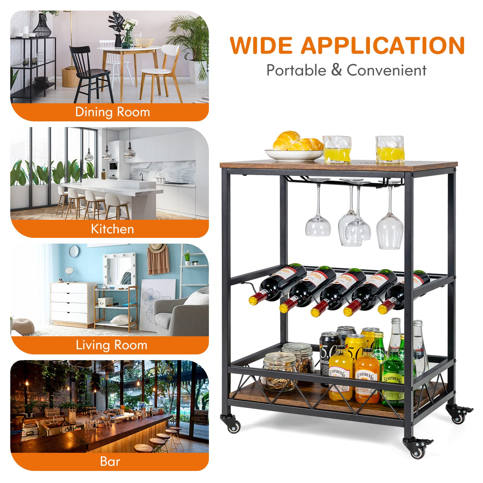 3-Tier Rolling Kitchen Island Cart Industrial Style Trolley Serving Cart