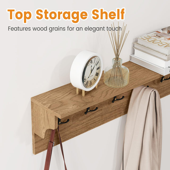Giantex Wall-Mounted Storage Shelf | 31.5" Wooden Hanging Coat Rack with 6 Hooks