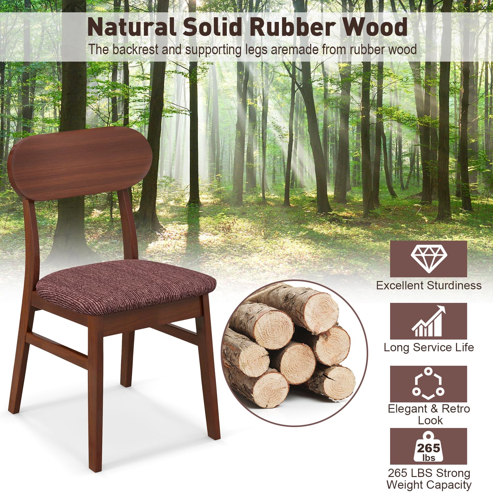 Giantex Wooden Dining Chairs Set of 4 Walnut, Farmhouse Kitchen Chairs with Padded Seat