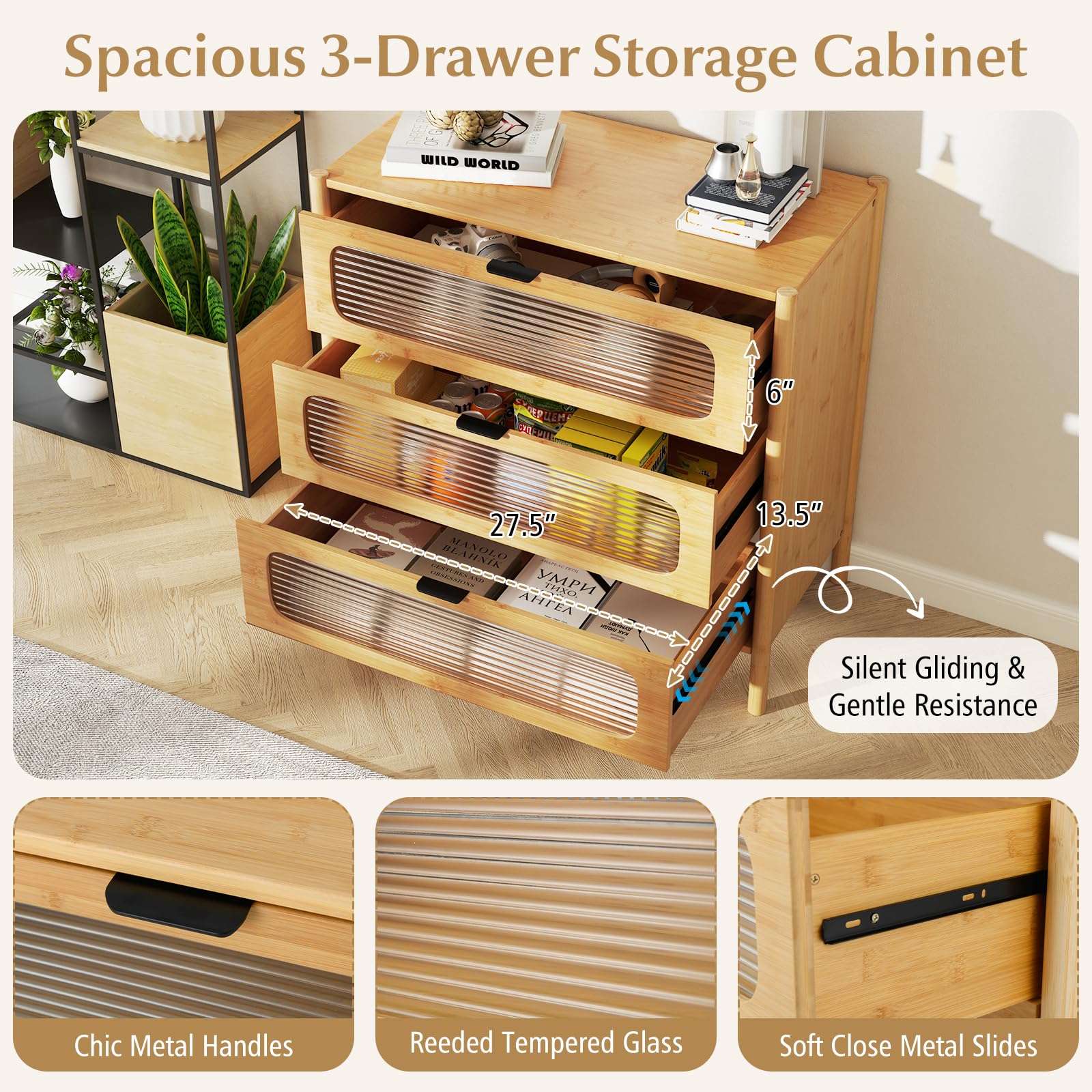 Giantex Bamboo 3-Drawer Storage Cabinet