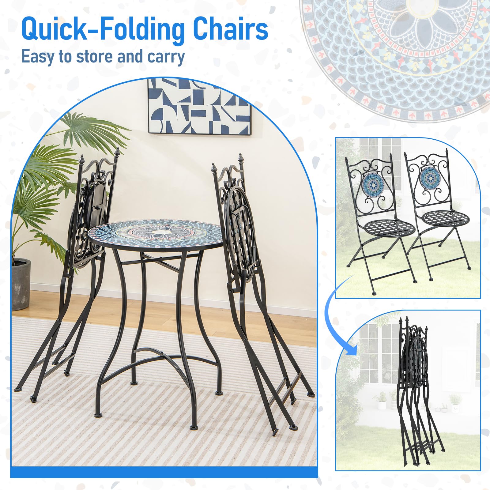 Giantex Patio Folding Chairs, Mosaic Bistro Chairs w/Backrest & Round Seat for Porch Balcony Lawn