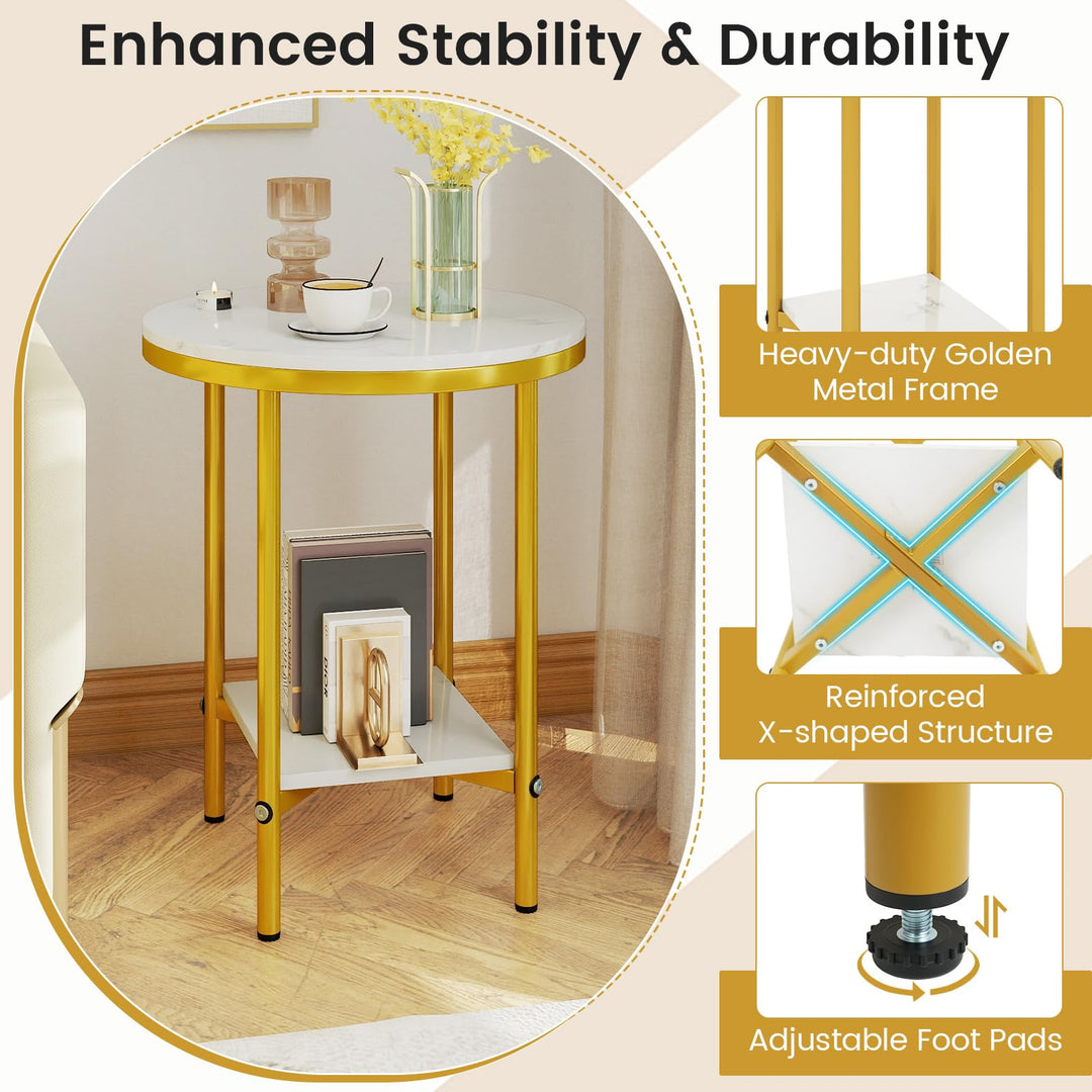 Giantex Round Side Table 2-Tier Faux Marble Sofa Side Coffee Table w/Gold Frame & Open Shelf