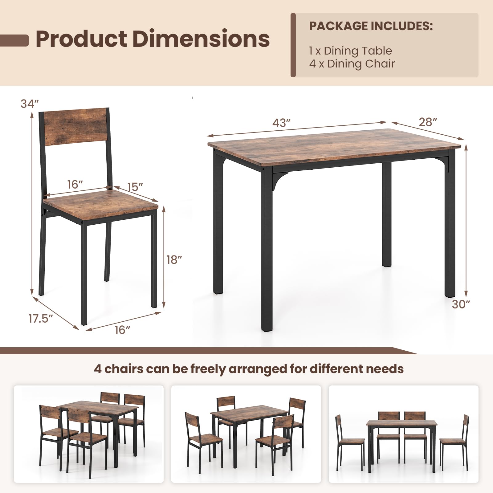 Giantex Dining Table Set for 4, Mid-Century Kitchen Furniture Set w/Kitchen Table, 4 Dining Chairs