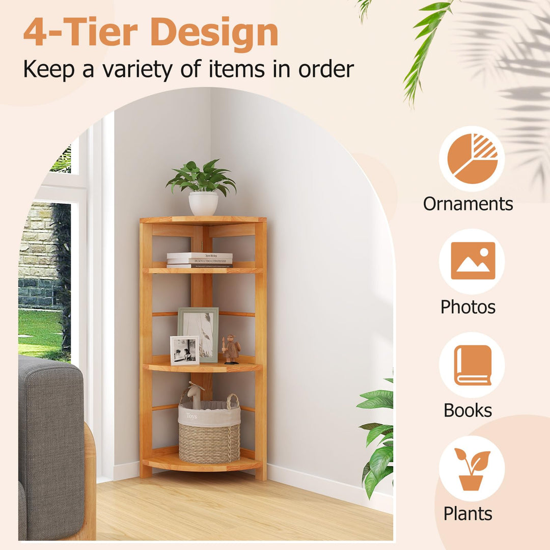 Giantex 4-Tier Corner Shelf, 34" Bookshelf with Rubber Wood Frame, Anti-Toppling Kit