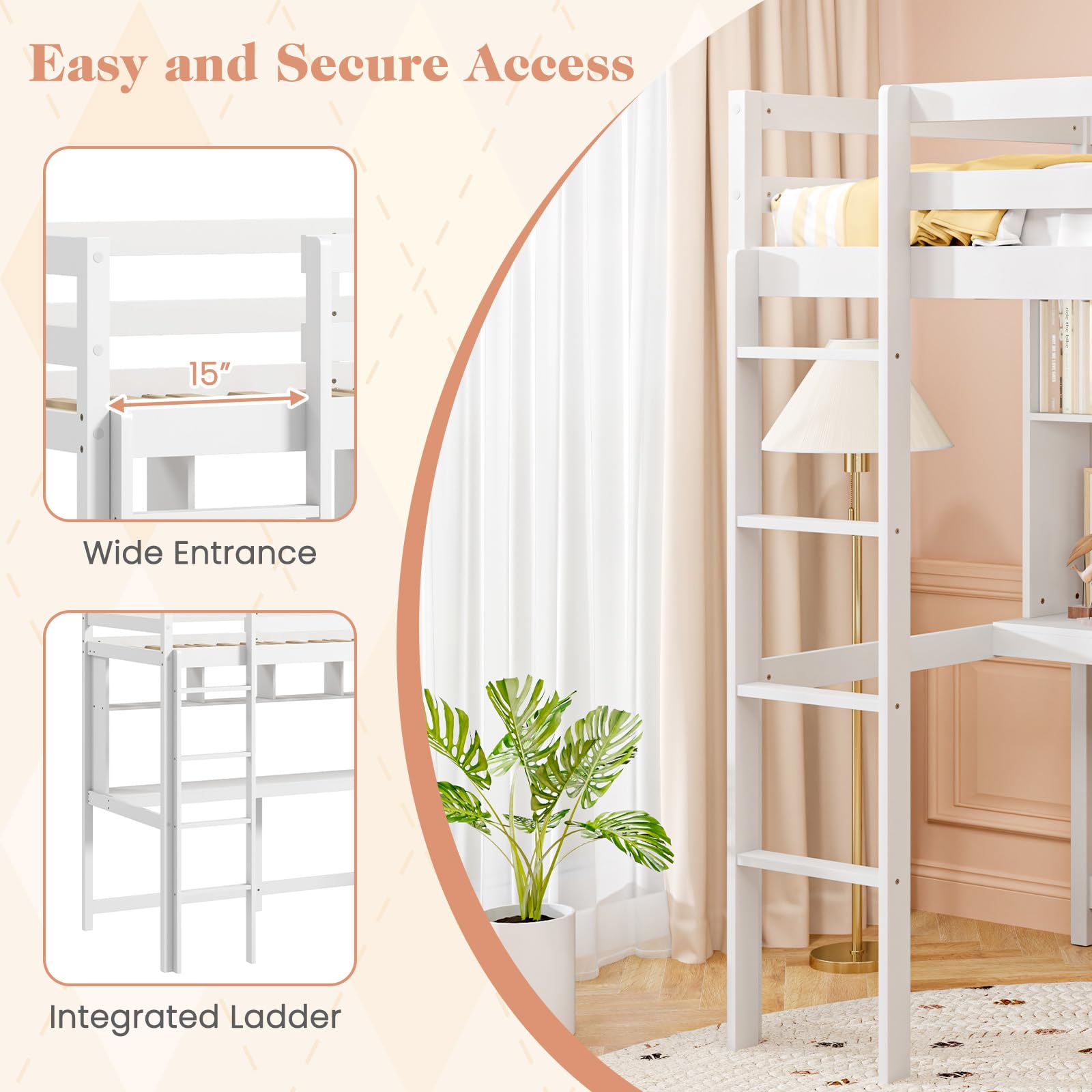 Giantex Solid Wood Twin Loft Bed with Desk and Bookcase