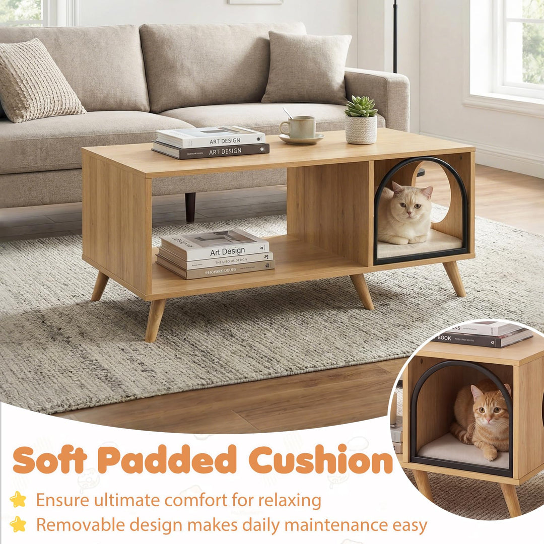 Giantex 2 in 1 Coffee Table with Cat House for Entryway Home