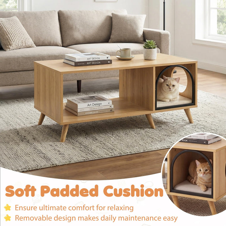 Giantex 2 in 1 Coffee Table with Cat House for Entryway Home