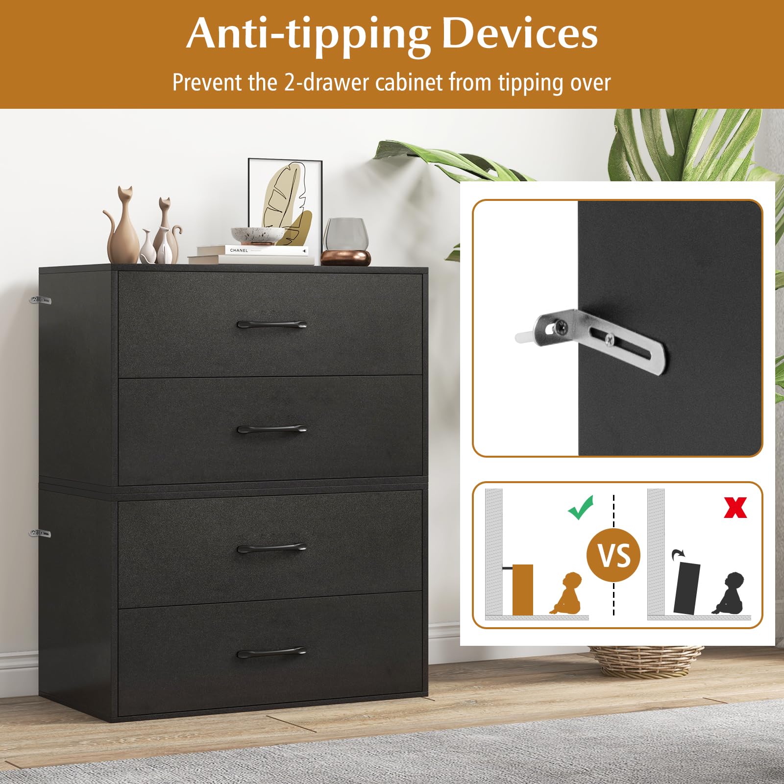 Giantex Stackable Drawers for Closet, 2-Drawer Short Dresser, Multi-Purpose Storage Cube with Anti-Scratch Pads(1/2, Black)