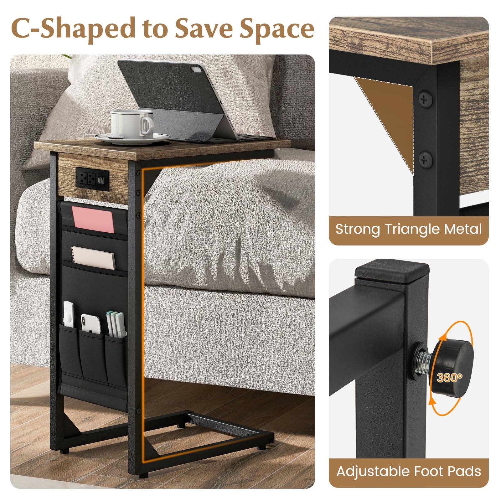 Giantex C Shaped End Table Set of 2, Sofa Side Table with Charging Station & Side Storage Bag, Rustic Brown