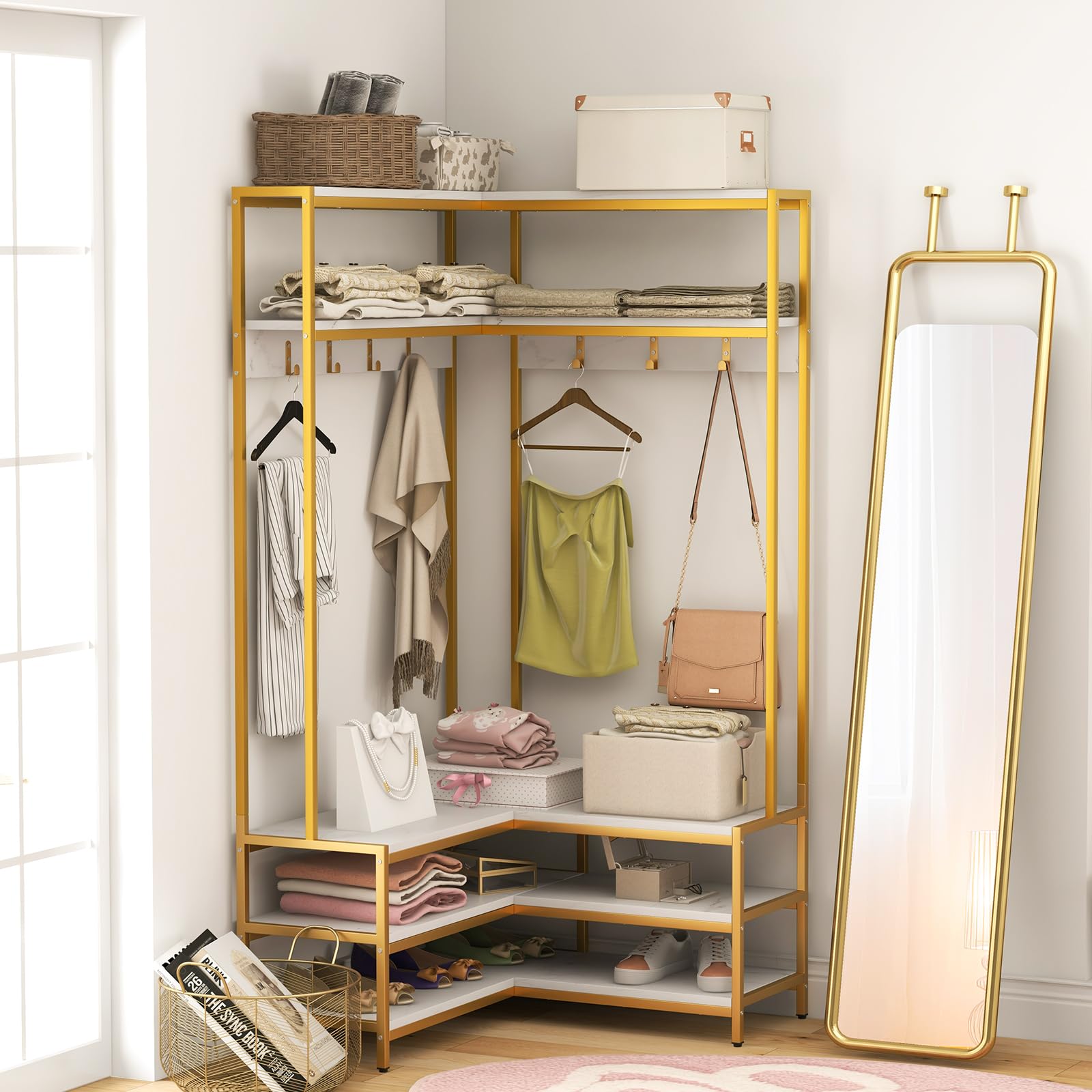 Giantex Corner Coat Rack with Shoe Bench, L-shaped Garment Rack with 5 Shelves & 7 Hooks